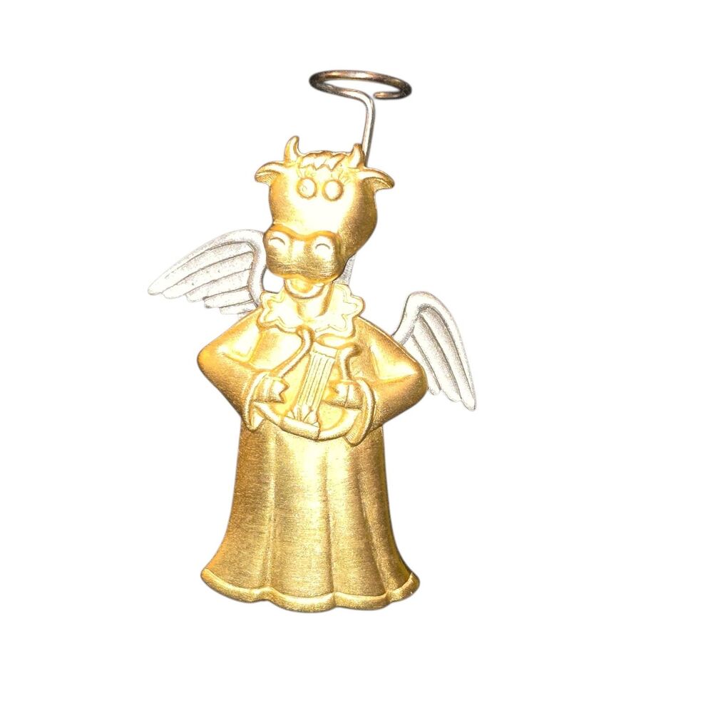 J.J. Jonette Jewelry Brass Pewter Moving Wings & Halo Angel Cow Brooch 2.5"X1.5"